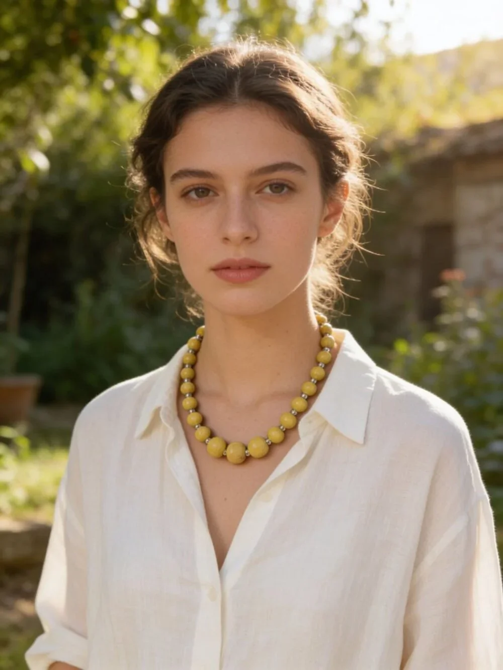 vintage polished olive wooden and silver metal beaded single row necklace
